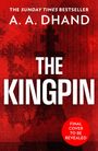Text: THE SUNDAY TIMES BESTSELLER, A. A. DHAND, THE KINGPIN. Rotes Cover mit großer Schachfigur im Hintergrund.