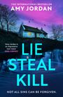 "LIE STEAL KILL" zeigt ein Haus bei Dämmerung, spiegelt sich in Wasser, rosa-blauer Himmel, Vögel, kahle Bäume.