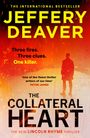 Titel: "THE COLLATERAL HEART". Texte: "Three fires. Three clues. One killer." Silhouette einer Person auf orange-rotem Hintergrund.