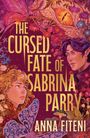 „The Cursed Fate of Sabrina Parry. Anna Fiteni“ in goldener Schrift. Ein Drache, Naturmotive, zwei Personen.