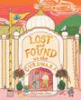 „Lost and Found at the Gurdwara“ in verspielter Schrift. Zwei Figuren unter einem Torbogen, Flagge mit blauem Symbol.