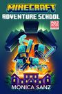 Adventure School, Mojang Studios. Übergroßer Charakter mit kleineren Figuren über einem Gebäude in Minecraft-Blockstil.