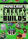 Text: "Minecraft Creepy Bite-Size Builds. With over 20 Spooky Mini-Projects." Illustrationen von gruseligen Minecraft-Gebäuden.