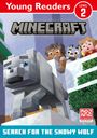 "Young Readers Level 2: Minecraft - Search for the Snowy Wolf." Blockartige Figuren und ein Wolf in winterlicher Landschaft.