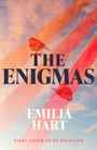 Text: "THE ENIGMAS", "EMILIA HART", "FINAL COVER TO BE REVEALED". Illustration: Zwei Vögel, Himmel, rote Strahlen.
