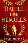 "Battle for Hercules" und "Jasmine Mas, The Global Bestseller" in goldener Schrift auf rotem Hintergrund. Goldene Blätter.