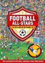 Text: "FOOTBALL ALL-STARS SEARCH & FIND", "THE ULTIMATE FOOTBALL SEARCH AND FIND BOOK". Illustration von jubelnden Fans und Fußballspielern.