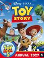 "Disney Pixar Toy Story 5 Annual 2027" zeigt Figuren wie Woody und Buzz vor einem blauen Himmel mit Wolken.