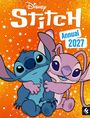 „Disney Stitch Annual 2027“. Zwei cartoonhafte Wesen, eines blau, eines rosa, sitzen fröhlich miteinander.