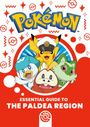 Texte: "ESSENTIAL GUIDE TO THE PALDEA REGION." Vier bunte Cartoon-Charaktere auf rotem Hintergrund, Pikachu trägt eine Mütze.
