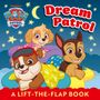 Text: "Dream Patrol", "A Lift-the-Flap Book". Illustration von drei fröhlichen Hundewelpen auf bunten Kissen mit Sternenhimmel.