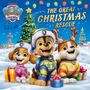 "The Great Christmas Rescue" in gelber Schrift. Drei fröhliche Hunde in weihnachtlichen Outfits mit Geschenken und Lichterkette.