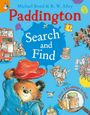 Paddington, Search and Find. Ein fröhlicher Bär hebt seinen roten Hut, umgeben von London-Szenen und Figuren.