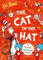 "Dr. Seuss. THE CAT IN THE HAT. A Search and Find Book." Illustration einer Katze mit Hut und cartoonartigen Figuren auf orange.