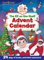 "The Elf on the Shelf Advent Calendar" in großen Buchstaben. Fröhliche Elfen in roten Outfits, ein geschmückter Baum und Geschenke.