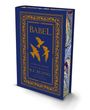 „Babel, An Arcane History, R.F. Kuang, Illustrated by Nico Delort.“ Blaues Buchcover mit goldenen Vögeln und Ornamenten.