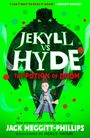 "JEKYLL VS HYDE: THE POTION OF DOOM" in großen Buchstaben. Illustration: Ein kleiner Mann vor einem großen, dunklen Monster.