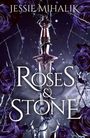 "Roses & Stone" von Jessie Mihalik. Ein Schwert umgeben von lila Rosen und Dornenranken in mystischem Licht.