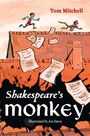 "Shakespeare's monkey" oben ein laufender Mann, daneben ein Affe, fliegende Blätter auf orange-rotem Dach, Kamin.