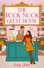 Text oben: "The Book Nook Guest House". Illustration von einer Frau und einem Mann an einem Rezeptionstisch. Bücherregale im Hintergrund.