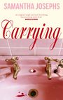 Text: "SAMANTHA JOSEPHS" und "Carrying". Eine rosa Spüle mit goldenen Wasserhähnen, Blutstropfen und einem Kosmetikartikel.