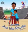 Titel: "Just like Roodie" von Yelitza Smith. Ein Kind umarmt ein anderes, hält ein Skateboard. Skatepark im Hintergrund.