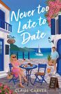 "Never too Late to Date", "Sixty is the new Forty". Illustration: Frau im Café, Meerblick, Segelboot, Mann im Hintergrund.