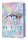 Buchtitel "Release Me" von Tahereh Mafi. Glitzerndes Auge in Pastellfarben, umgeben von funkelnden Kristallen.