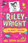 "Riley Wright Is Always Wrong" steht in großen, bunten Buchstaben. Illustration: Fröhliches Kind, bunte Symbole, verspielter Stil.