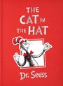 "The Cat in the Hat" und "Dr. Seuss" stehen auf rot. Illustration: Eine Katze mit Hut und roter Schleife.