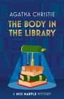 AGATHA CHRISTIE: THE BODY IN THE LIBRARY. A MISS MARPLE MYSTERY. Illustration: Bücherstapel unter einer Leselampe.