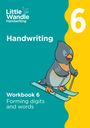 „Handwriting Workbook 6: Forming digits and words“. Illustration eines Vogels auf Skiern, Hintergrund in Türkis und Gelb.