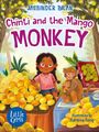 „Chinti and the Mango Monkey“, bunte Illustration: ein Kind sitzt neben Mangos, ein Affe mit Baby daneben, umgeben von Bäumen.