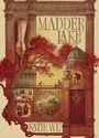 "MADDER LAKE" und "KATIE WU" zwischen architektonischen Elementen, Bäumen und Figuren in Rot- und Brauntönen.