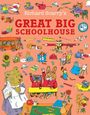Text: "Richard Scarry’s Great Big Schoolhouse". Illustration von Tieren in einer Schulumgebung mit Schultafel, Schulbus und Pflanzen.