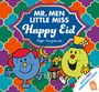 Text: "MR. MEN LITTLE MISS Happy Eid" und "WITH FREE GREETINGS CARD." Zwei fröhliche Figuren mit Laterne und Mond vor buntem Muster.