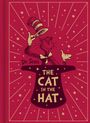 Text: "THE CAT IN THE HAT", "Dr. Seuss". Illustration: Eine Katze mit einem gestreiften Hut vor einem roten Hintergrund mit Sternen.