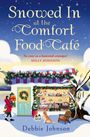 "Snowed In at the Comfort Food Café." 
Ein Café in Winterkulisse mit Schnee, Leckereien, Hund und Person in roter Jacke.