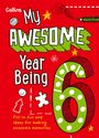 "My Awesome Year Being 6" in großen, bunten Buchstaben. Grafik mit Sternen, einem Puzzle-Teil und einem lachenden Gesicht.