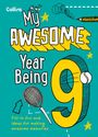 "My Awesome Year Being 9." Illustration mit Stift, Tennisschläger, Ameise und Sternen auf türkisem Hintergrund.