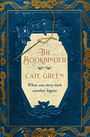 Text: "THE BOOKBINDER", "CATE GREEN", "When one story ends another begins". Blau-goldenes Cover mit Nadel und Faden.