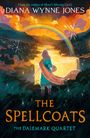 Titel: "The Spellcoats". Autor: Diana Wynne Jones. Illustration: Person mit Schal blickt auf Landschaft und Regenbogen.