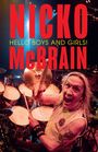 Text: "NICKO McBRAIN HELLO BOYS AND GIRLS!" Trommler mit Schlagzeug, dynamische Pose, energiegeladene Bühnenbeleuchtung.