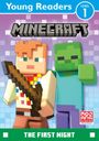 "Young Readers Level 1", "Minecraft", "The First Night". Zwei blockartige Figuren, eine mit rotem Haar, eine grün.