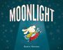 „MOONLIGHT“ in großen Buchstaben. Ein springender Hase mit buntem Schal und Rock vor einem blauen Hintergrund mit Schneeflocken.