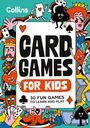 Text: "Card Games for Kids", "30 Fun Games to Learn and Play". Bunte, cartoonartige Illustrationen mit Kartenmotiven.