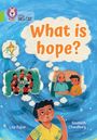 Beschriftung: "What is hope?" Illustrationen von einem Pokal, Kinder in Sportkleidung und zwei Personen, die sich unterhalten.