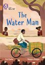 Titel: "The Water Man". Illustration eines Mannes auf einem Fahrrad mit Wassertanks, beobachtet von zwei Kindern.