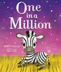 „One in a Million“: Ein fröhliches Zebra auf gelbem Gras, vor einem vio-letten Sternenhimmel.