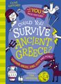 Text: Could You Survive Ancient Greece? Illustrationen von Tim Wesson. Cartoonstil mit Figuren und griechischen Symbolen.